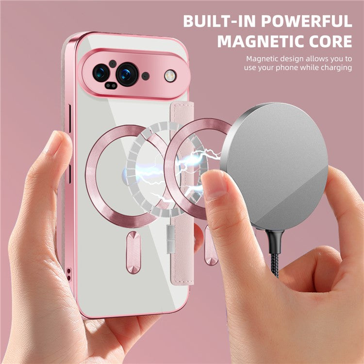 For Google Pixel 9 Case Compatible with MagSafe Rhombus PU Leather Phone Cover - Pink