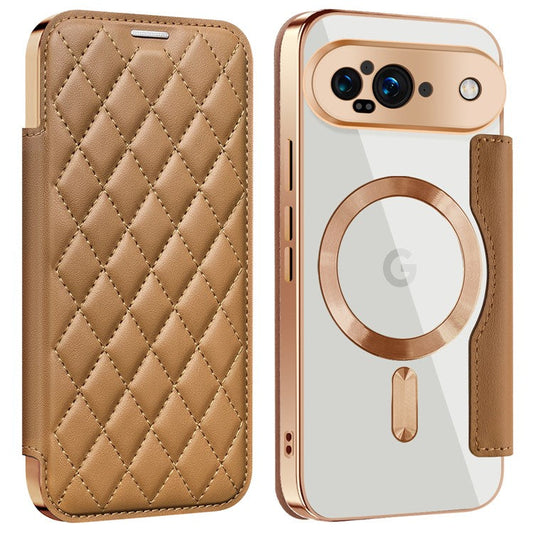 For Google Pixel 9 Case Compatible with MagSafe Rhombus PU Leather Phone Cover - Brown