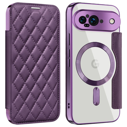 For Google Pixel 9 Case Compatible with MagSafe Rhombus PU Leather Phone Cover - Purple