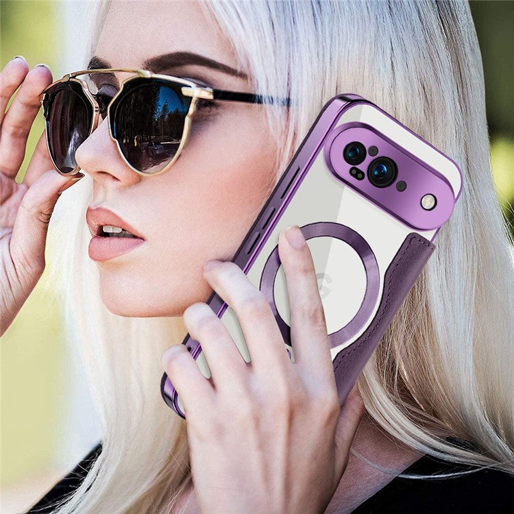 For Google Pixel 9 Case Compatible with MagSafe Rhombus PU Leather Phone Cover - Purple