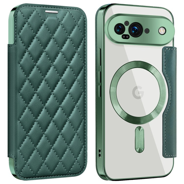 For Google Pixel 9 Case Compatible with MagSafe Rhombus PU Leather Phone Cover - Blackish Green