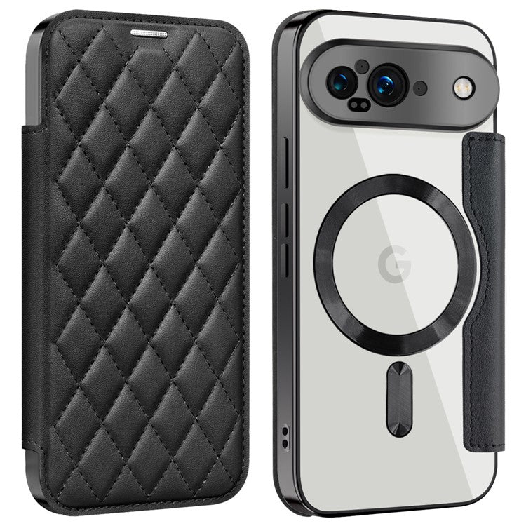 For Google Pixel 9 Case Compatible with MagSafe Rhombus PU Leather Phone Cover - Black