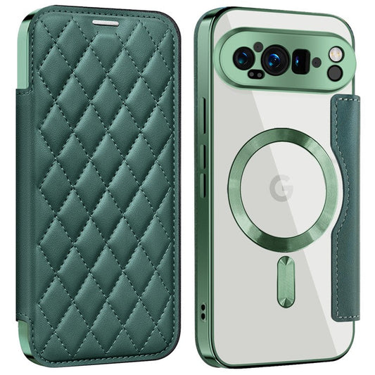For Google Pixel 9 Pro XL Case Compatible with MagSafe Rhombus PU Leather Phone Cover - Blackish Green