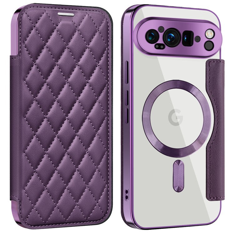 For Google Pixel 9 Pro XL Case Compatible with MagSafe Rhombus PU Leather Phone Cover - Purple