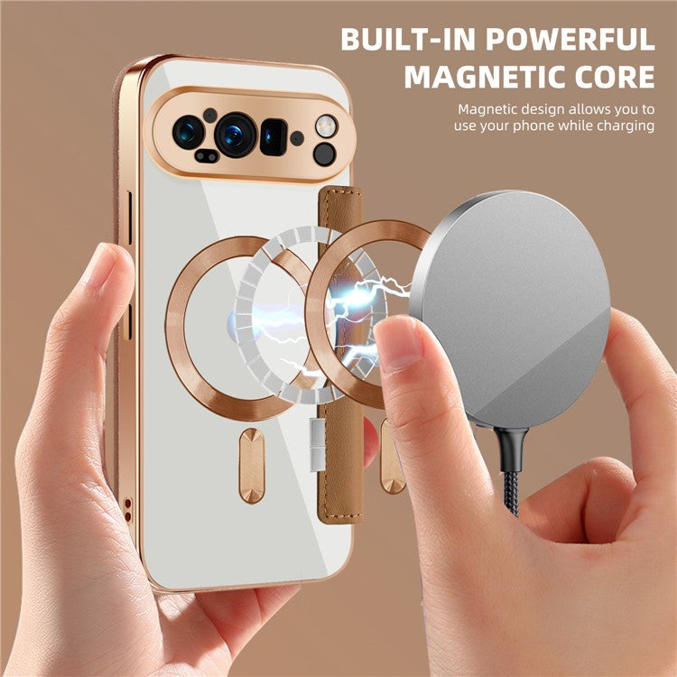 For Google Pixel 9 Pro XL Case Compatible with MagSafe Rhombus PU Leather Phone Cover - Brown