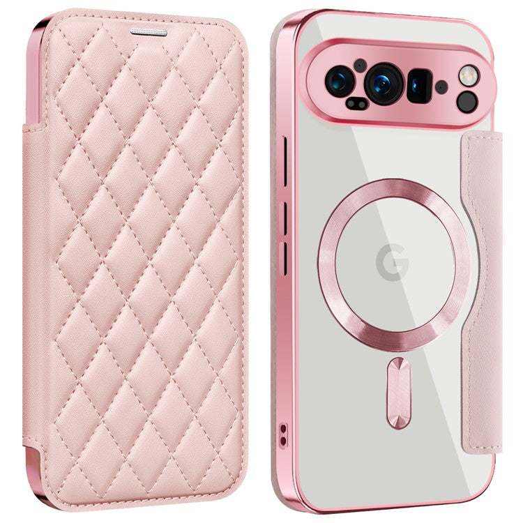 For Google Pixel 9 Pro XL Case Compatible with MagSafe Rhombus PU Leather Phone Cover - Pink