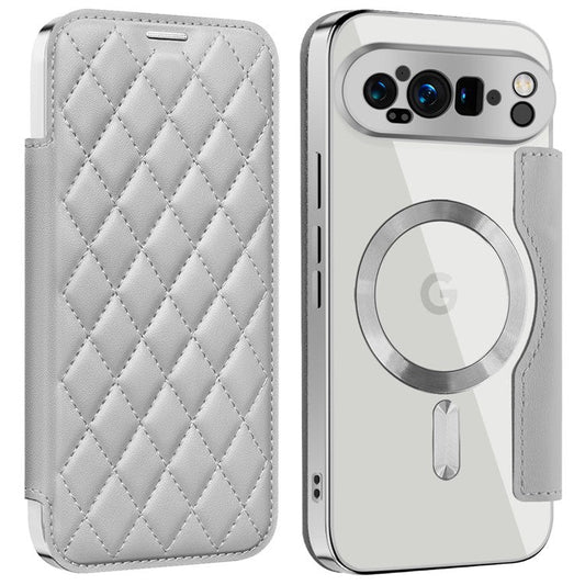 For Google Pixel 9 Pro XL Case Compatible with MagSafe Rhombus PU Leather Phone Cover - Titanium Grey