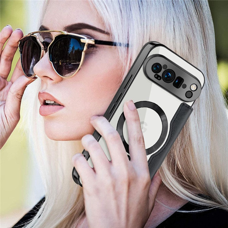 For Google Pixel 9 Pro XL Case Compatible with MagSafe Rhombus PU Leather Phone Cover - Black