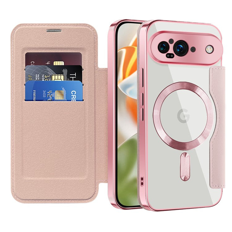 For Google Pixel 9 Case Compatible with MagSafe RFID Blocking Leather Phone Cover - Pink