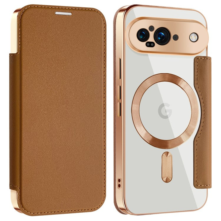 For Google Pixel 9 Case Compatible with MagSafe RFID Blocking Leather Phone Cover - Brown