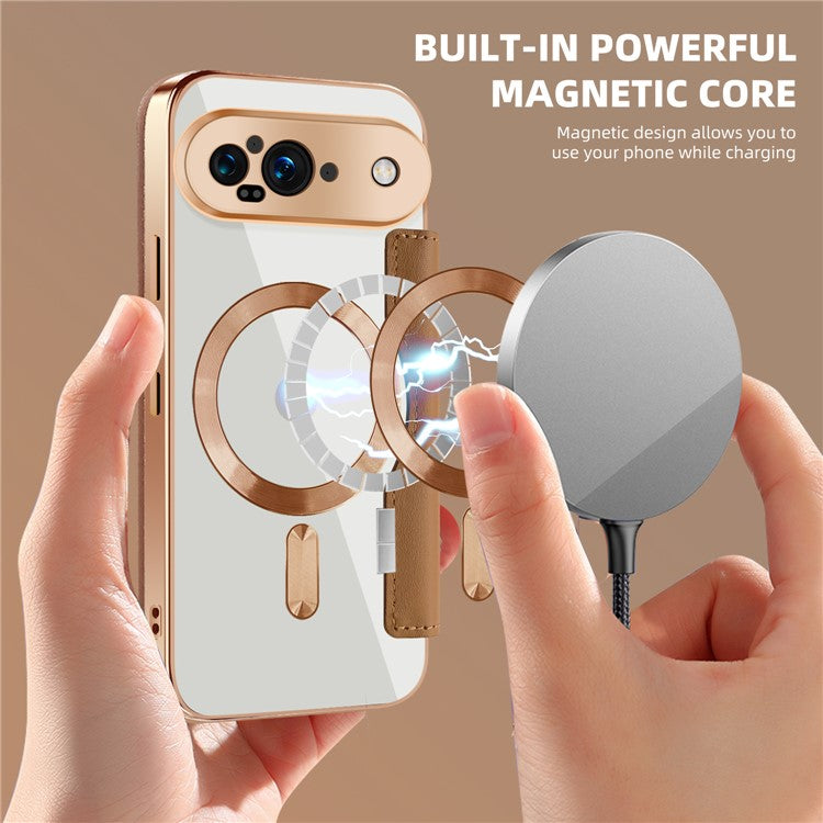 For Google Pixel 9 Case Compatible with MagSafe RFID Blocking Leather Phone Cover - Brown