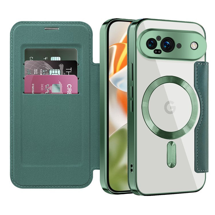 For Google Pixel 9 Case Compatible with MagSafe RFID Blocking Leather Phone Cover - Blackish Green