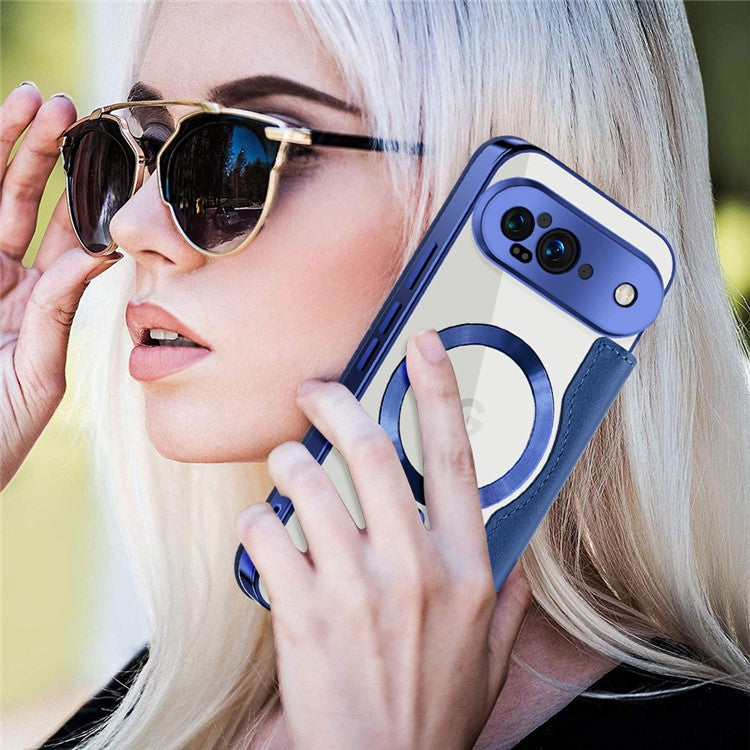 For Google Pixel 9 Case Compatible with MagSafe RFID Blocking Leather Phone Cover - Sapphire