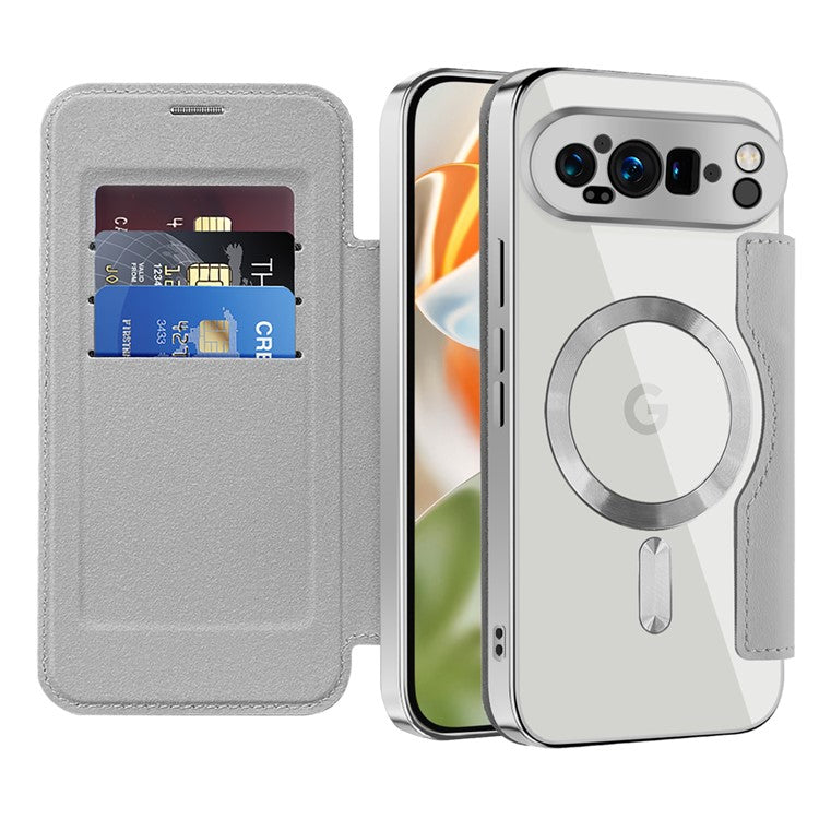 For Google Pixel 9 Pro XL Case Compatible with MagSafe RFID Blocking Leather Phone Cover - Titanium Grey