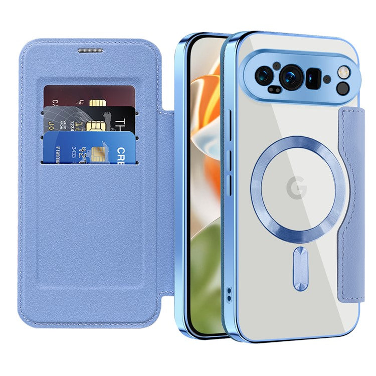 For Google Pixel 9 Pro XL Case Compatible with MagSafe RFID Blocking Leather Phone Cover - Blue