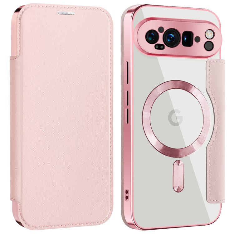 For Google Pixel 9 Pro XL Case Compatible with MagSafe RFID Blocking Leather Phone Cover - Pink