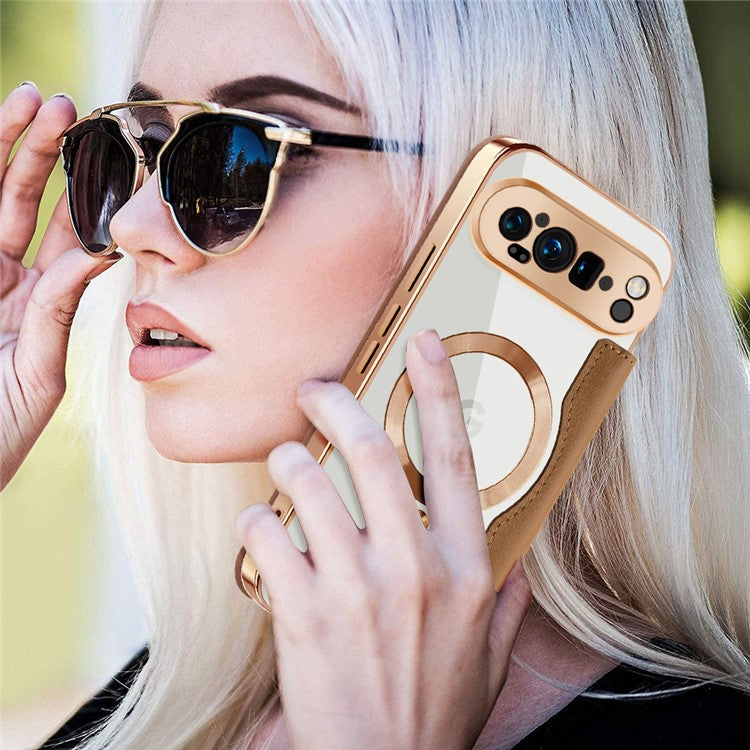 For Google Pixel 9 Pro XL Case Compatible with MagSafe RFID Blocking Leather Phone Cover - Brown