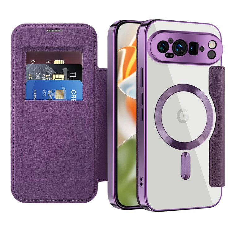 For Google Pixel 9 Pro XL Case Compatible with MagSafe RFID Blocking Leather Phone Cover - Purple