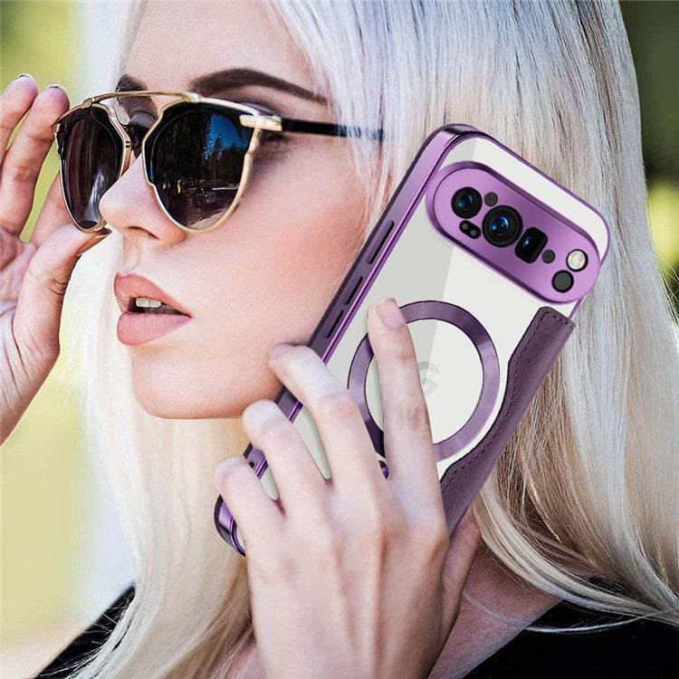 For Google Pixel 9 Pro XL Case Compatible with MagSafe RFID Blocking Leather Phone Cover - Purple