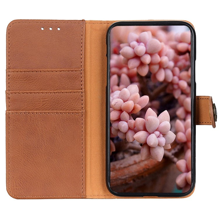 KHAZNEH For iPhone 16e Wallet Case Cowhide Texture Leather Flip Phone Cover - Brown