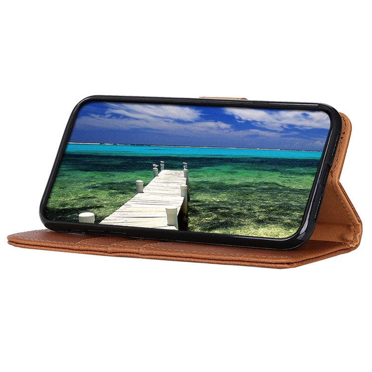 KHAZNEH For iPhone 16e Wallet Case Cowhide Texture Leather Flip Phone Cover - Brown