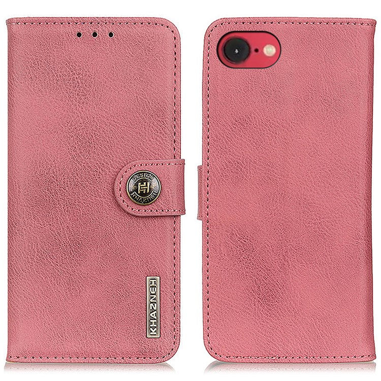 KHAZNEH For iPhone 16e Wallet Case Cowhide Texture Leather Flip Phone Cover - Pink