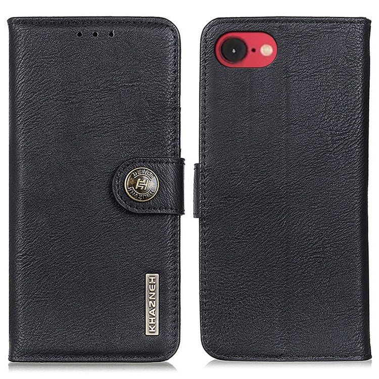 KHAZNEH For iPhone 16e Wallet Case Cowhide Texture Leather Flip Phone Cover - Black