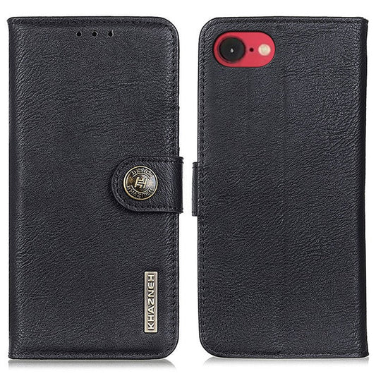 KHAZNEH For iPhone 16e Wallet Case Cowhide Texture Leather Flip Phone Cover - Black