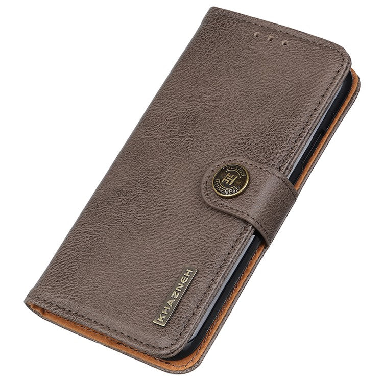 KHAZNEH For iPhone 16e Wallet Case Cowhide Texture Leather Flip Phone Cover - Khaki