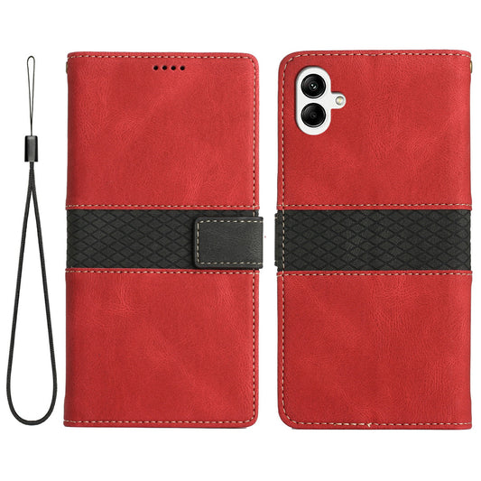 For Samsung Galaxy A06 Leather Case Grid Splicing Stand Wallet Phone Cover - Red