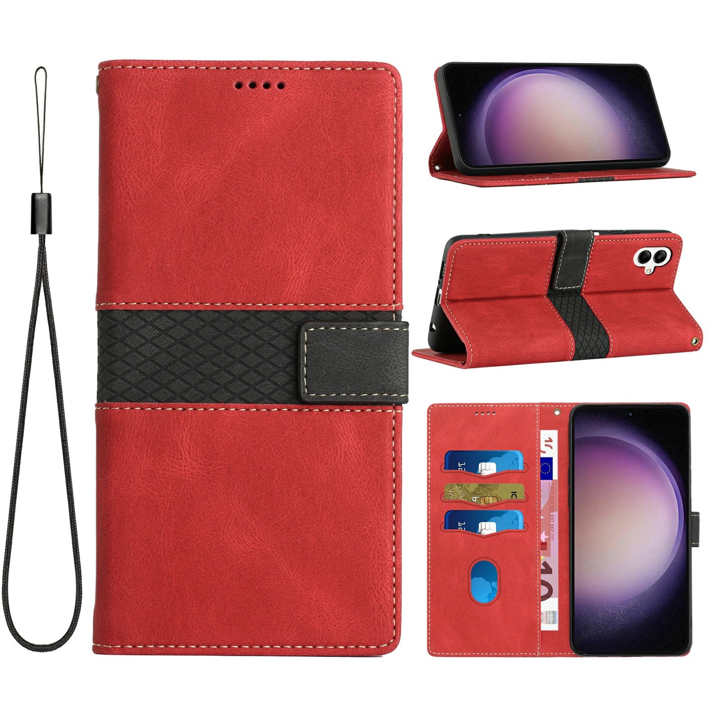 For Samsung Galaxy A06 Leather Case Grid Splicing Stand Wallet Phone Cover - Red