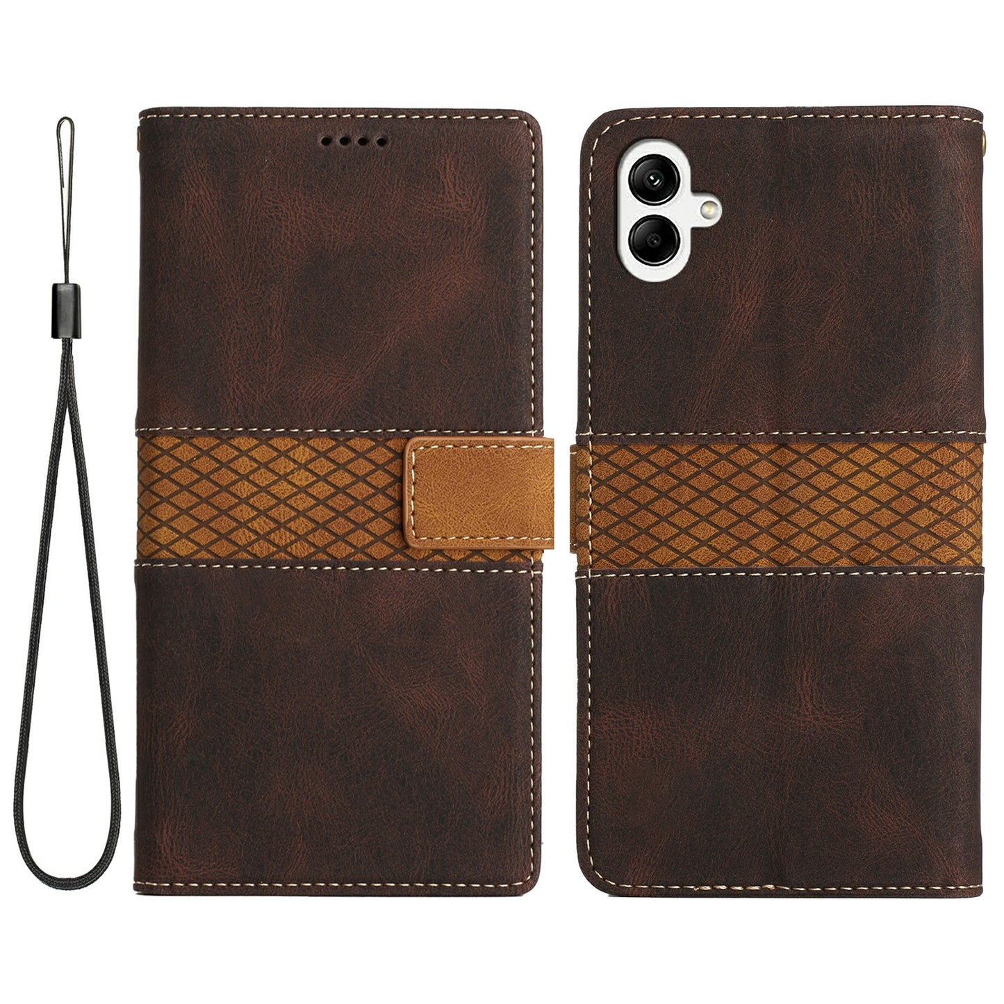 For Samsung Galaxy A06 Leather Case Grid Splicing Stand Wallet Phone Cover - Brown