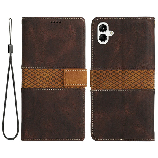 For Samsung Galaxy A06 Leather Case Grid Splicing Stand Wallet Phone Cover - Brown