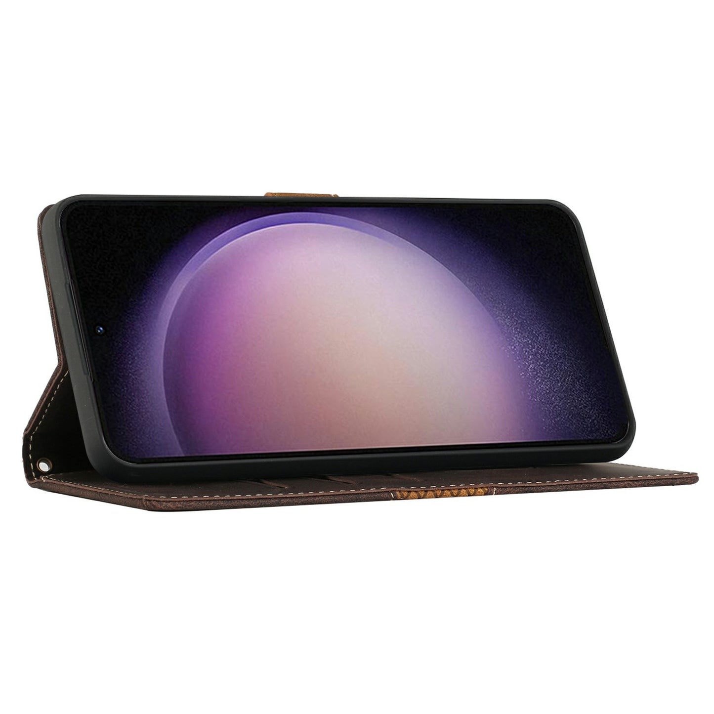 For Samsung Galaxy A06 Leather Case Grid Splicing Stand Wallet Phone Cover - Brown