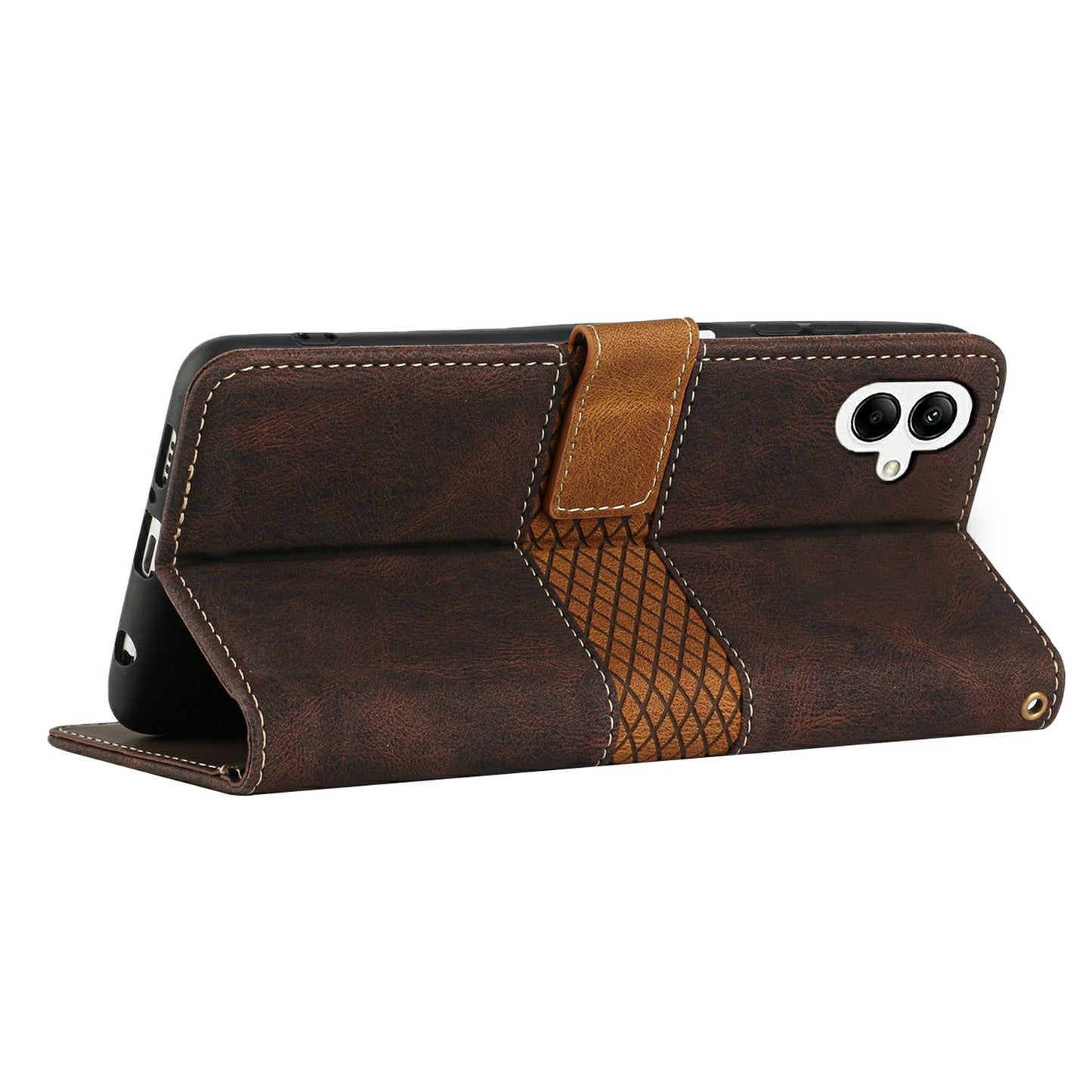 For Samsung Galaxy A06 Leather Case Grid Splicing Stand Wallet Phone Cover - Brown