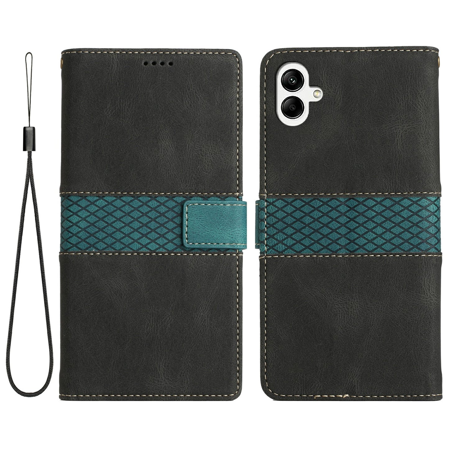 For Samsung Galaxy A06 Leather Case Grid Splicing Stand Wallet Phone Cover - Black