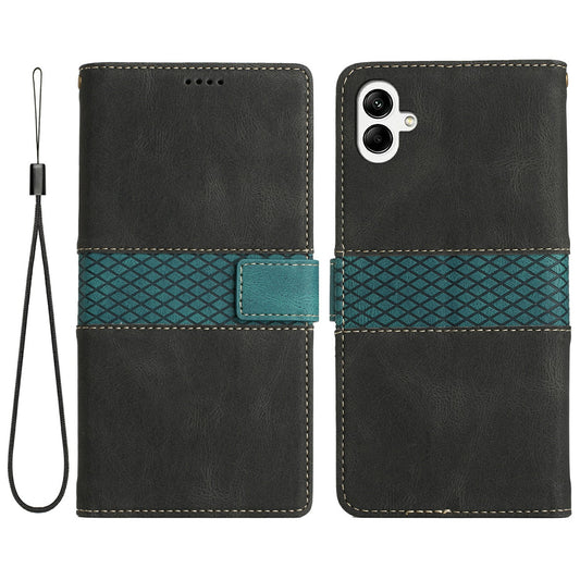 For Samsung Galaxy A06 Leather Case Grid Splicing Stand Wallet Phone Cover - Black