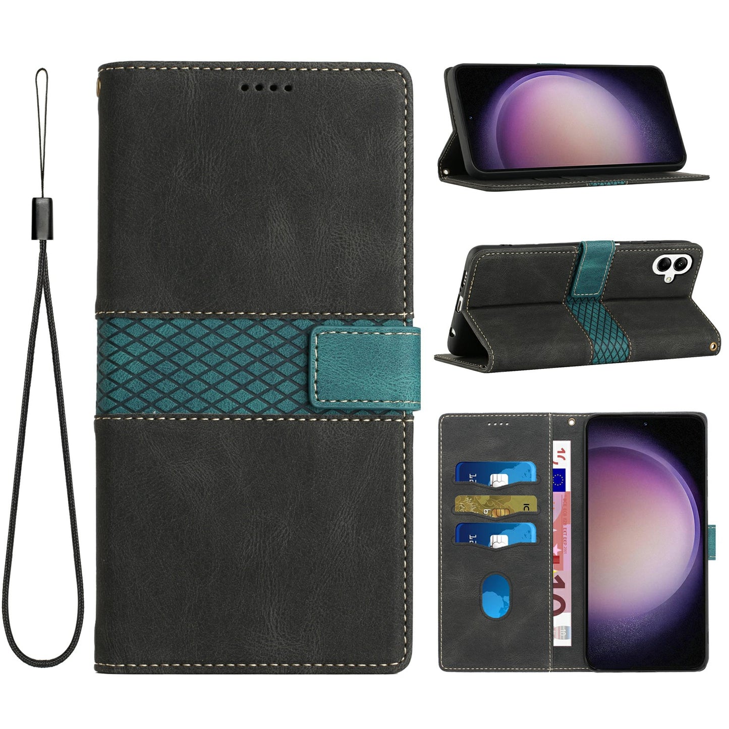 For Samsung Galaxy A06 Leather Case Grid Splicing Stand Wallet Phone Cover - Black