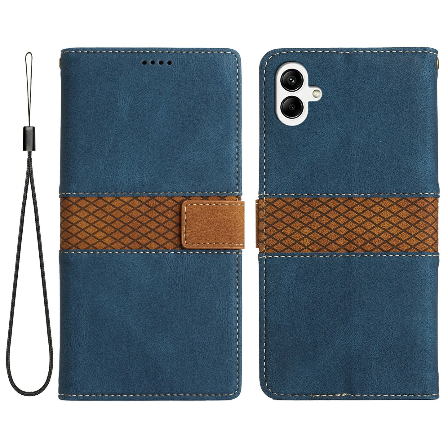 For Samsung Galaxy A06 Leather Case Grid Splicing Stand Wallet Phone Cover - Blue