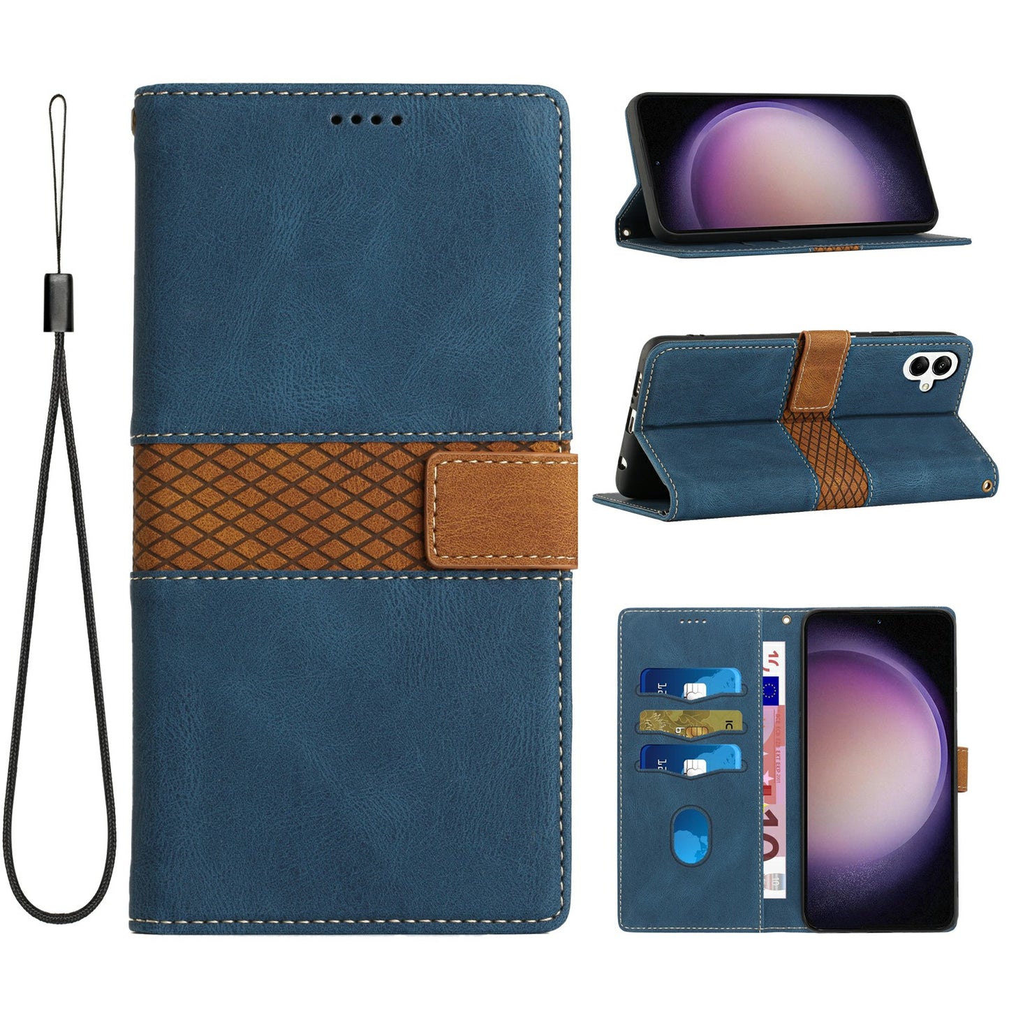 For Samsung Galaxy A06 Leather Case Grid Splicing Stand Wallet Phone Cover - Blue
