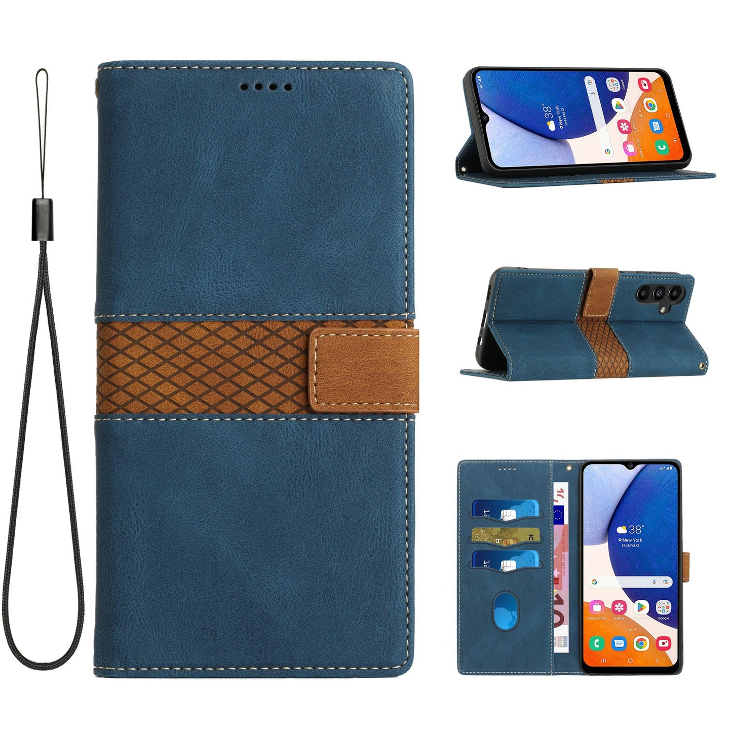 For Samsung Galaxy A16 5G / A16 4G Leather Case Grid Splicing Stand Wallet Phone Cover - Blue