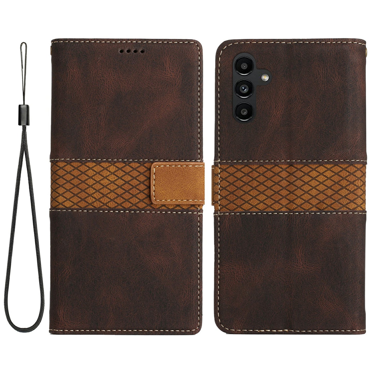 For Samsung Galaxy A16 5G / A16 4G Leather Case Grid Splicing Stand Wallet Phone Cover - Brown