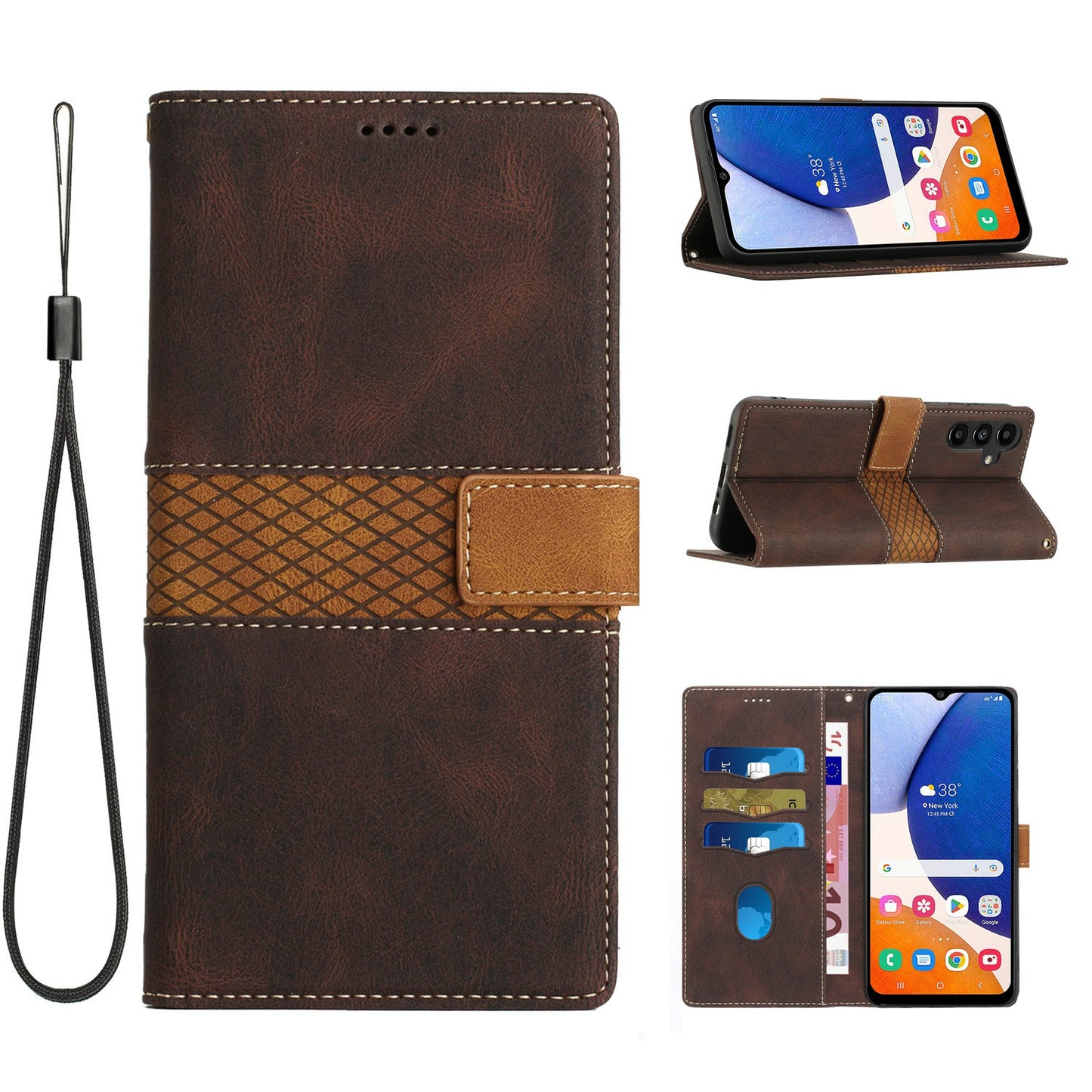 For Samsung Galaxy A16 5G / A16 4G Leather Case Grid Splicing Stand Wallet Phone Cover - Brown