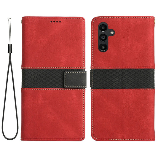 For Samsung Galaxy A16 5G / A16 4G Leather Case Grid Splicing Stand Wallet Phone Cover - Red