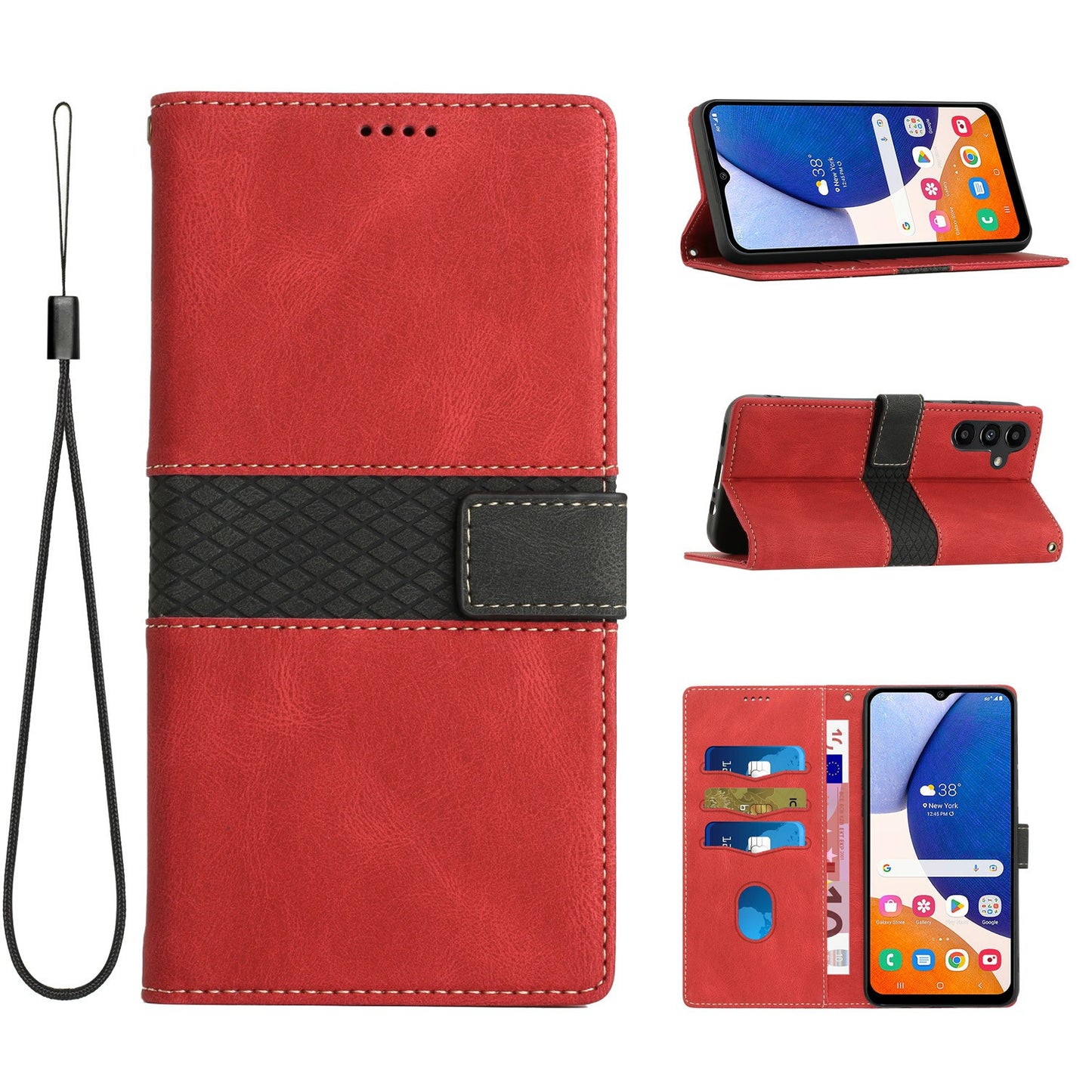 For Samsung Galaxy A16 5G / A16 4G Leather Case Grid Splicing Stand Wallet Phone Cover - Red