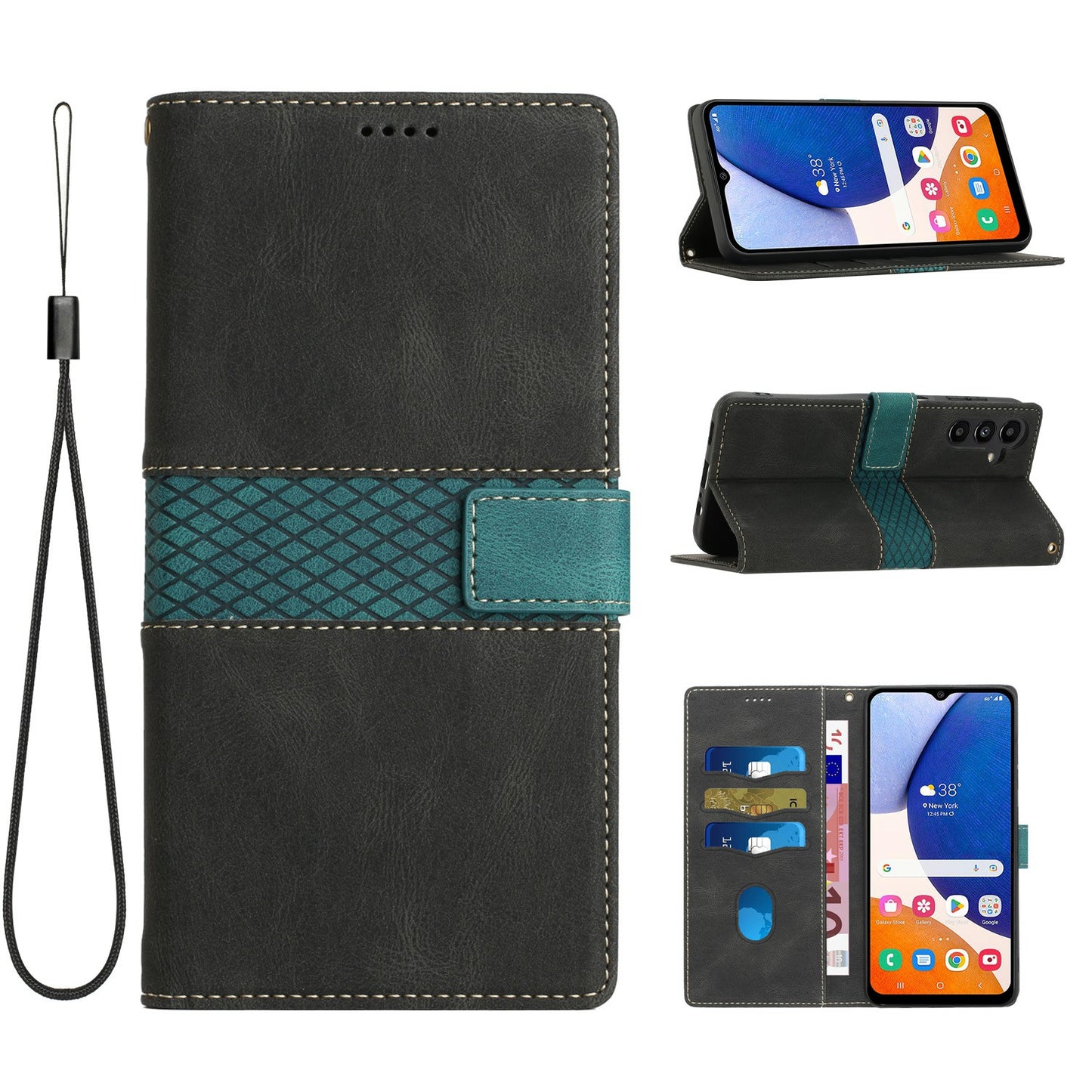 For Samsung Galaxy A16 5G / A16 4G Leather Case Grid Splicing Stand Wallet Phone Cover - Black