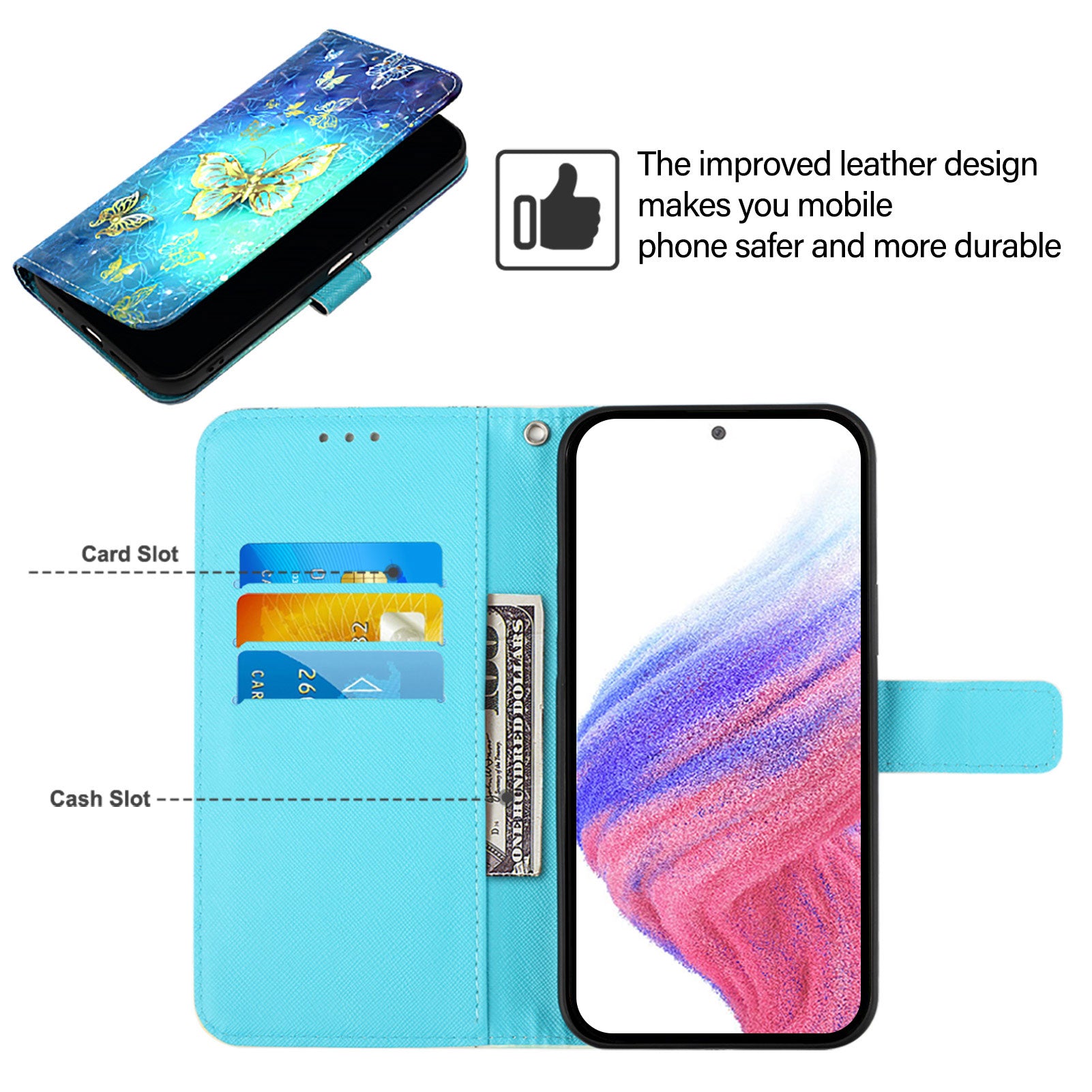 For Samsung Galaxy A16 5G / A16 4G Leather Case YB Pattern Printing Leather Series-2 Pattern Printing Wallet Stand Cover - Golden Butterflies
