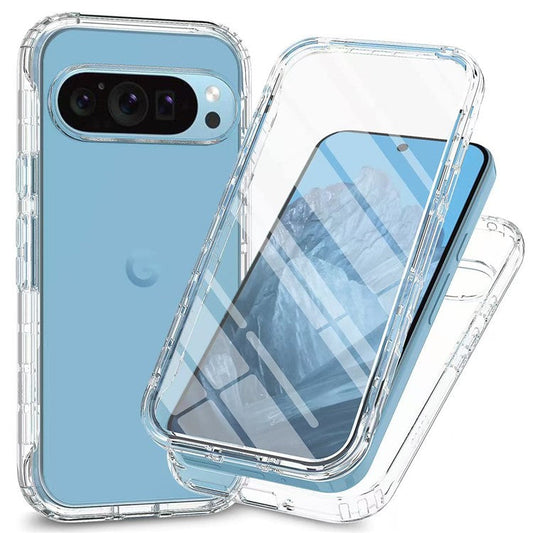 For Google Pixel 9 / 9 Pro Case TPU+PC Full Protection Shockproof Phone Cover with PET Screen Guard - Transparent
