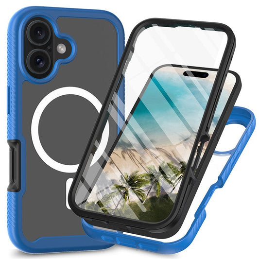 For iPhone 16 Plus Magnetic Case PC+TPU Phone Cover with PET Screen Film All-Around Protection - Sapphire