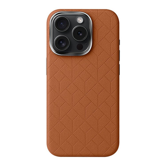For iPhone 16 Pro Case Imprinted Anti-Fingerprint PU+TPU Phone Cover with Metal Buttons - Brown
